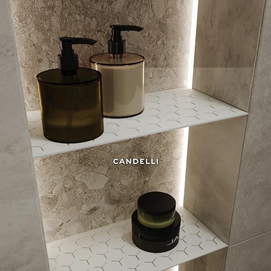 Встраиваемая металлическая полка CANDELLI 60×24 см в нише из керамогранита, подрезной монтаж — фото 4