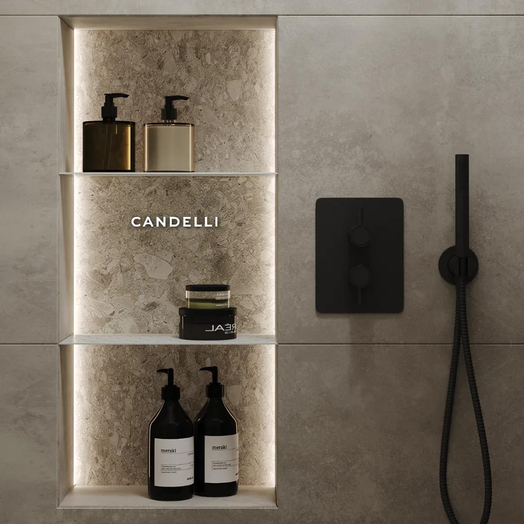Широкая металлическая полка CANDELLI 80×24 см, встроенная в нишу из керамогранита с подрезным монтажом — фото 6
