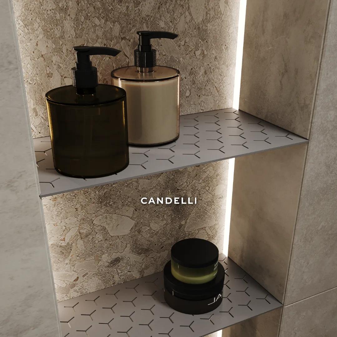 Широкая металлическая полка CANDELLI 80×24 см, встроенная в нишу из керамогранита с подрезным монтажом — фото 7