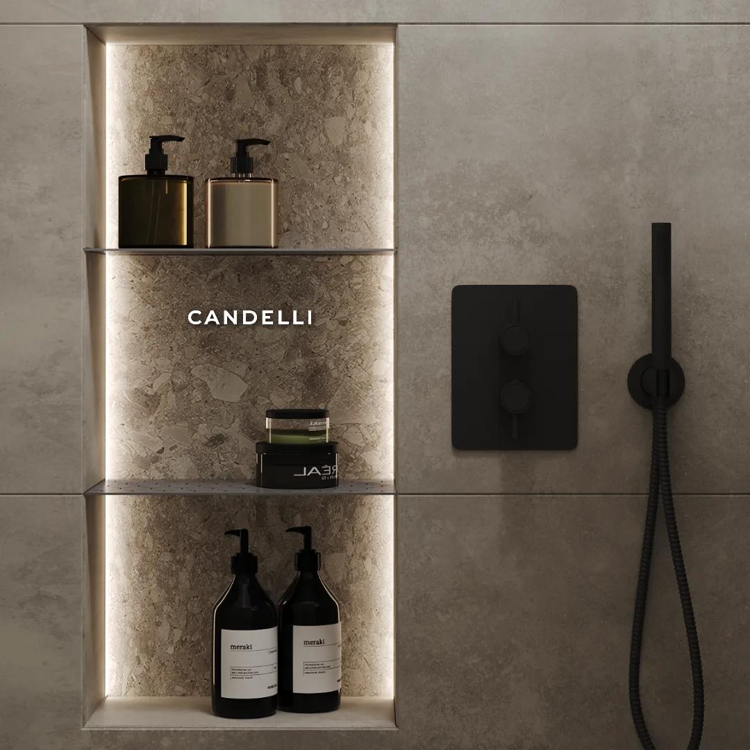 Широкая металлическая полка CANDELLI 80×24 см, встроенная в нишу из керамогранита с подрезным монтажом — фото 9