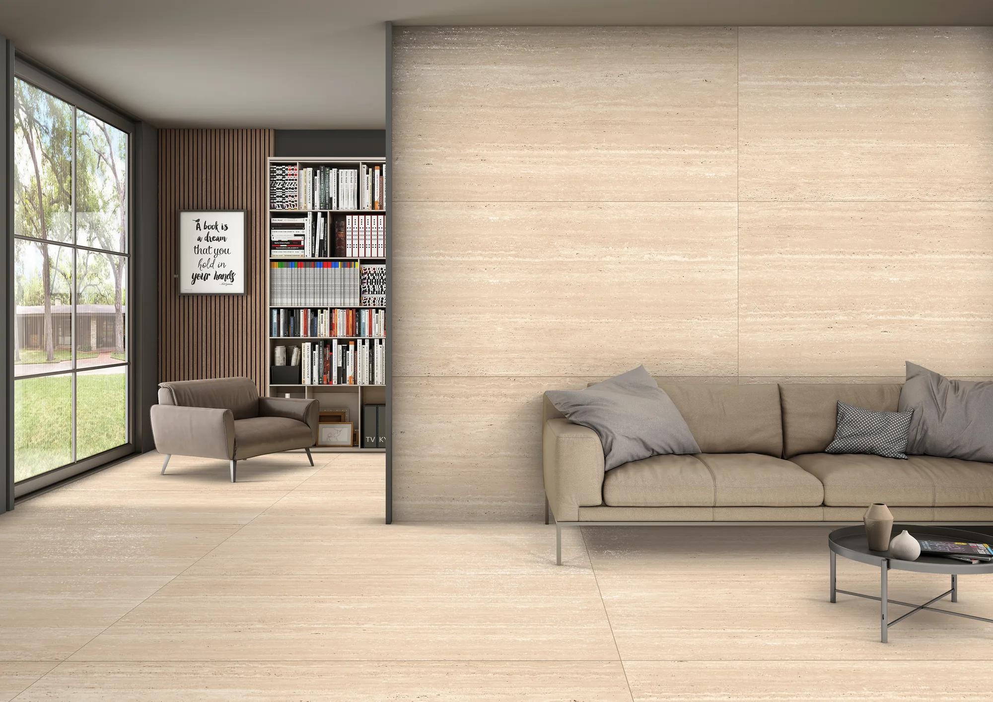 Бежевый керамогранит ENNFACE Travertine Beige 800x1600 мм под травертин с рельефной поверхностью CARVING — фото 2