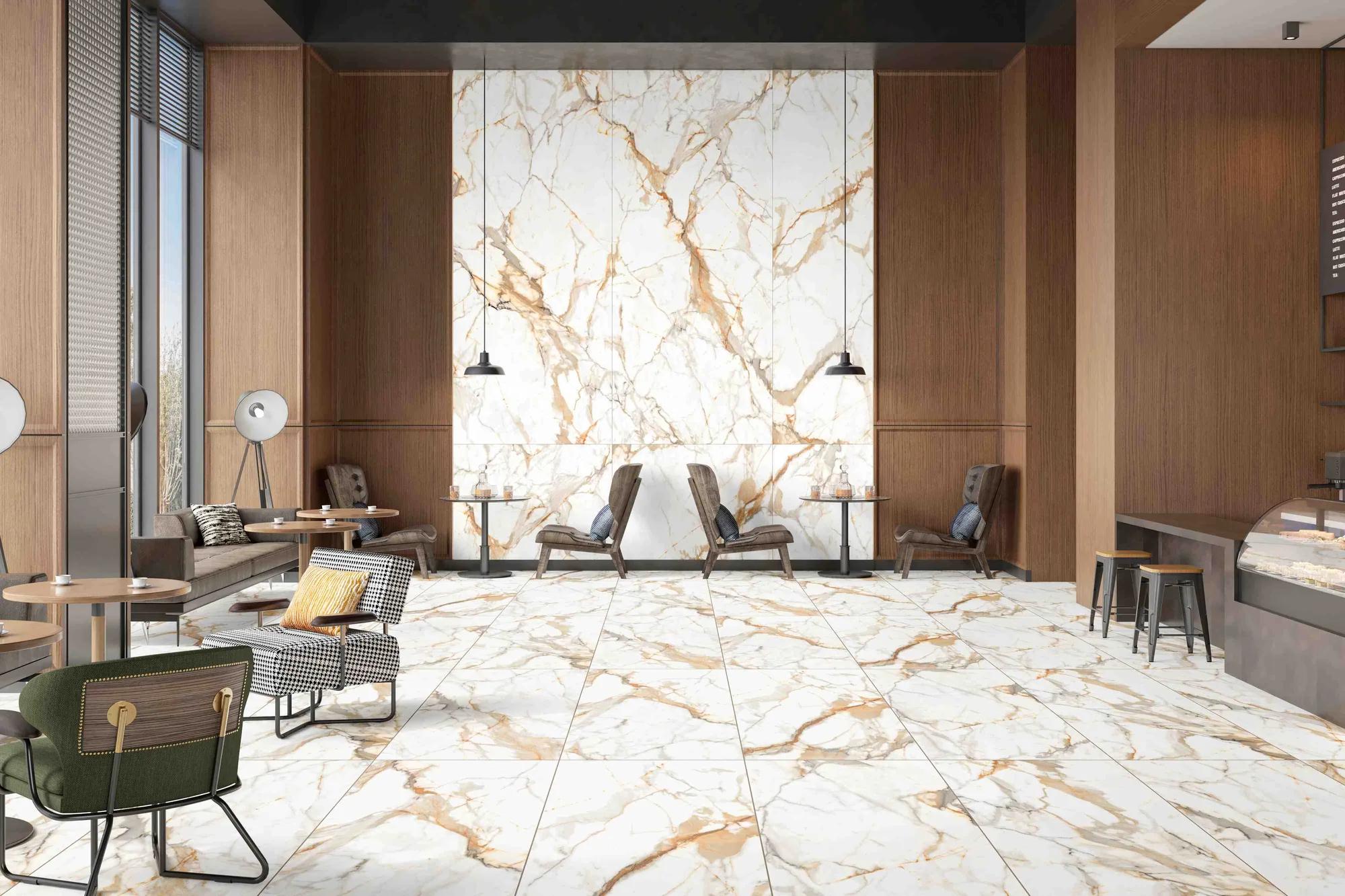 Белый матовый керамогранит ENNFACE Calacatta Oro 600x1200 мм под мрамор с золотыми прожилками для классических интерьеров — фото 18
