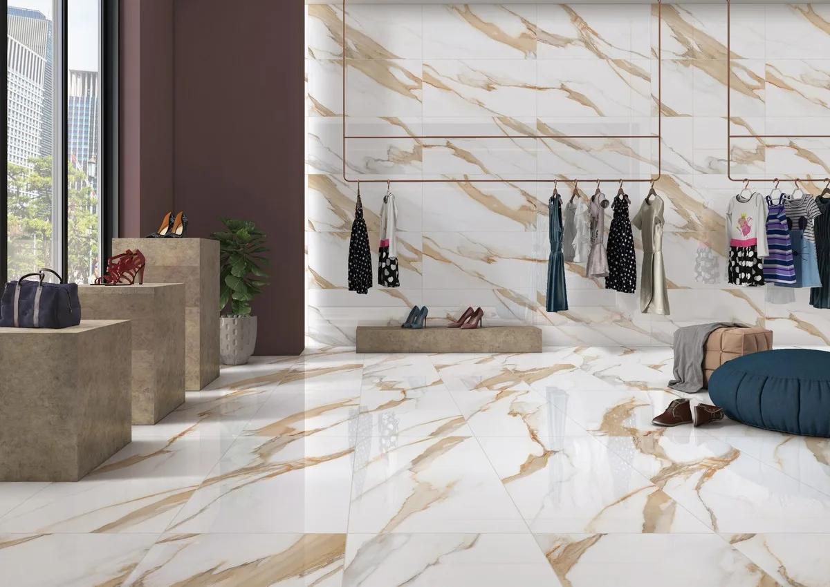 Керамогранит ENNFACE Calacatta Sun 600×1200 мм, золотистый мрамор с глянцевой поверхностью — фото 2